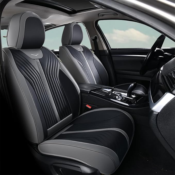 FLORICH Seat Covers for Car Waterproof Seat Cover Full Set Leather Car Seat Cushion Universal Carseat Cover Front and Rear Fit for Most Cars Trucks SUV, Gray&Black