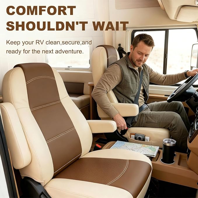 RV Seat Covers (2 Pack) - Nappa Leather RV Captain Chair Seat Covers for Class A RV,Custom Fit Front Driver & Passenger Waterproof Pet-Friendly Motorhome Seat Covers with 4 Armrest Covers