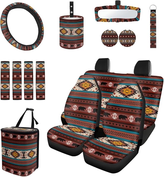 Red Tribal Horse Car Seat Covers Set of 15 with Universal Steering Wheel Cover, Rearview Mirror Cover, Car Trash Can, Seatbelt Pads, Cup Holder Coasters, Keychains