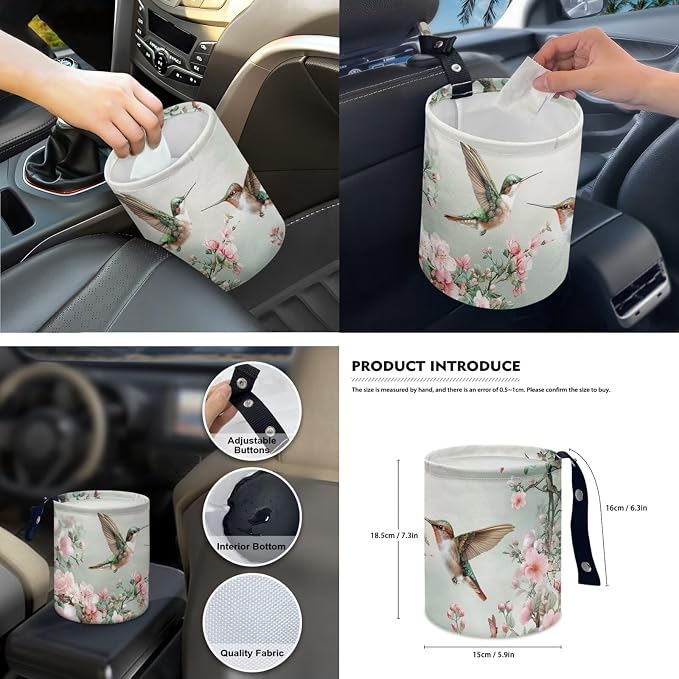Spring Floral Hummingbird 15 PCS Car Seat Cover Set with Auto Steering Wheel Cover Seat Belt Strap Protector Cup Holder Trash Bag Rear View Mirror Protector Keychain