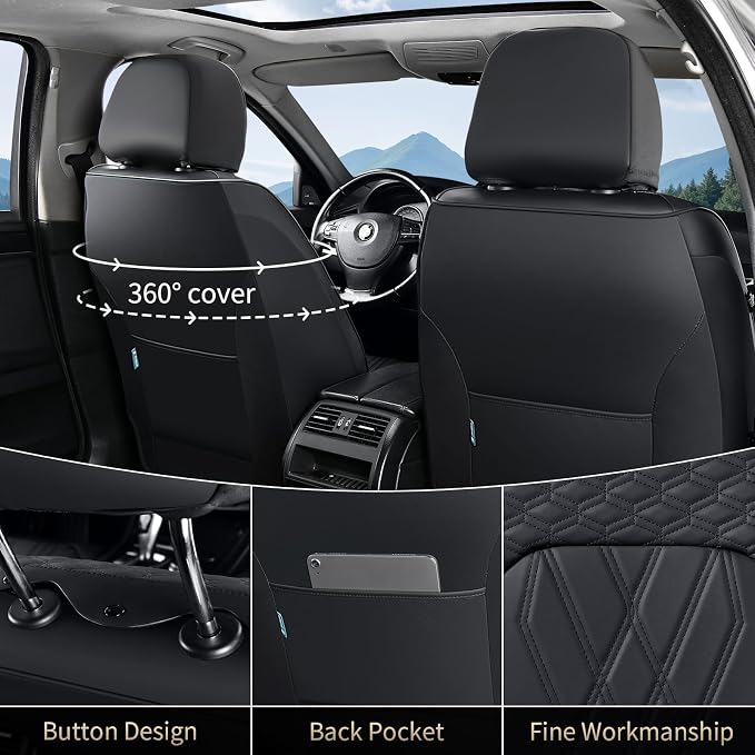 FLORICH Leather Cars Seat Covers Full Set, Waterproof Automotive Seat Covers Seats Full Wrapping Edge Seat Cushion Non-Slip Breathable Universal Fit for Most Car Truck SUV Seat Protection, Black