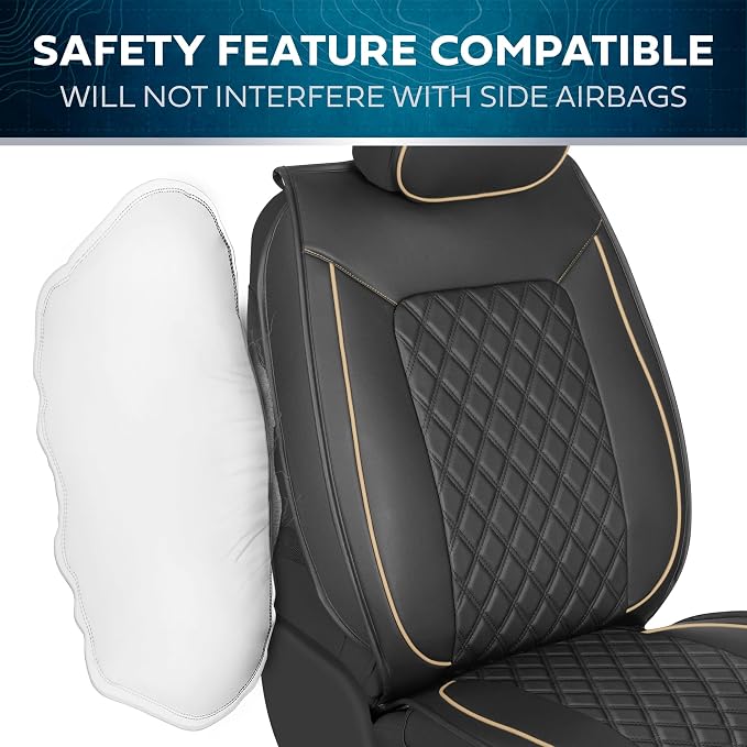 MotorBox Prestige Edition Napa Leather Seat Covers for Cars, Open Sides Front Seat Covers, Premium PU Leatherette Black & Beige Car Seat Covers for Cars Trucks SUVs, Front Seats Only