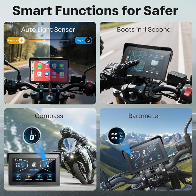 WonVon Motorcycle CarPlay Screen with Android Auto – 7” Waterproof GPS, Pantalla para Moto, Apple CarPlay, Navigation System for Motorcycle, Dual 4K Dash Cam Bluetooth Audio, BSD & TPMS