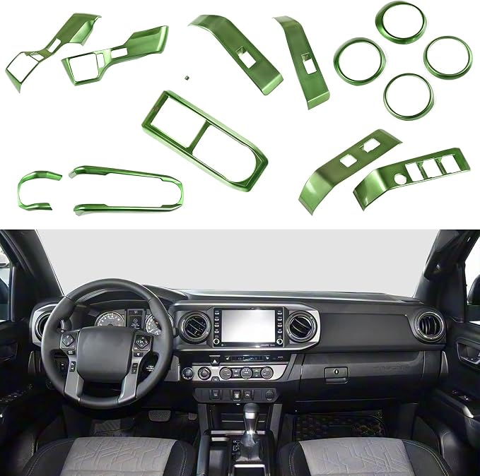 Lcojicep 14PCS Full Set Interior Decoration Trim Kit Compatible with Toyot@ Tacoma 2016-2022 Central Control Dashboard Frame Cover Shift Knob Cover Air Vent Trim Cover Window Button Cover (Green)