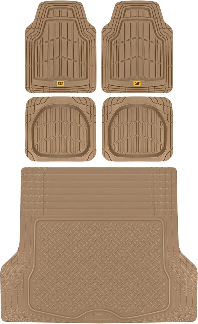 BDK USA by CAT® Automotive Heavy Duty Car Floor Mats with Rear Cargo Mat Trunk Cargo Liner for SUV - Caterpillar All-Weather Universal Trim to Fit Front & Rear Combo Rubber Car Mats & SUV Trunk Mat