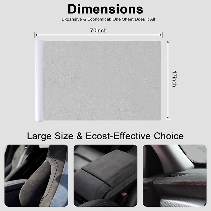Premium Light Grey Suede Fabric Wrap - 17x70 inch Suede Wrap for Car Interior - Self-Adhesive Microfiber and Synthetic Leather, Stretchable Interior Film for Car and Home Decor