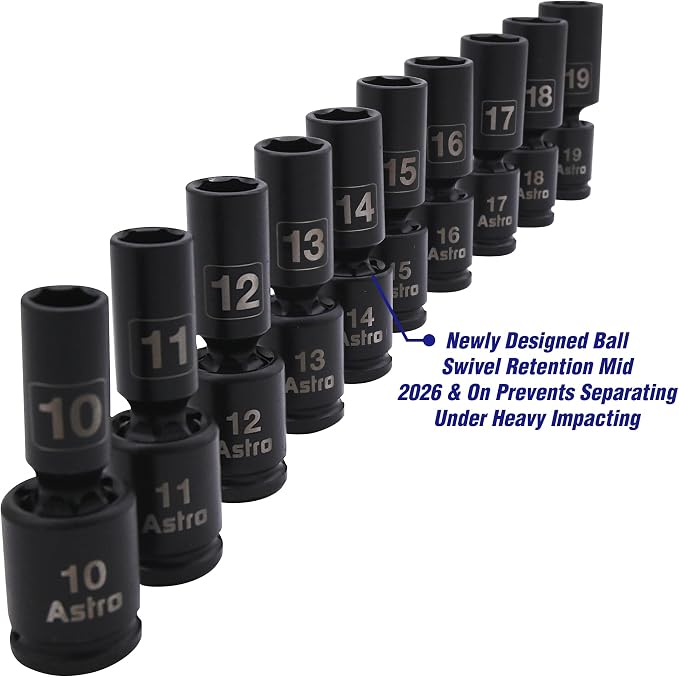 Astro Tools 78344M 10pc 3/8" Drive Mid-Length Pinless Universal Impact Sockets - Metric