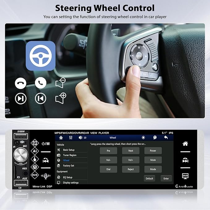 Inefala 5.1" Touchscreen Single Din Radio Carplay Android Auto Car Stereo with Bluetooth Car Audio Receiver FM EQ SWC TF AUX USB with Backup Camera
