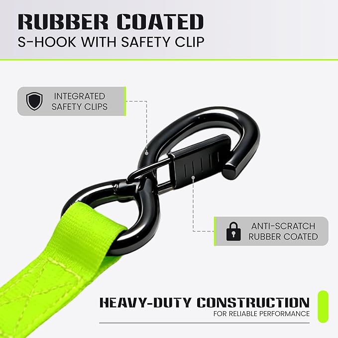 Retractable Ratchet Straps (4-Pack) - Heavy Duty Auto Slow Retraction Tie Down Straps - 1 Inch x 13 Feet (1,800lb Break Strength) for Truck, Cargo Trailer, Motorcycle, ATV, UTV - Fluorescent Green