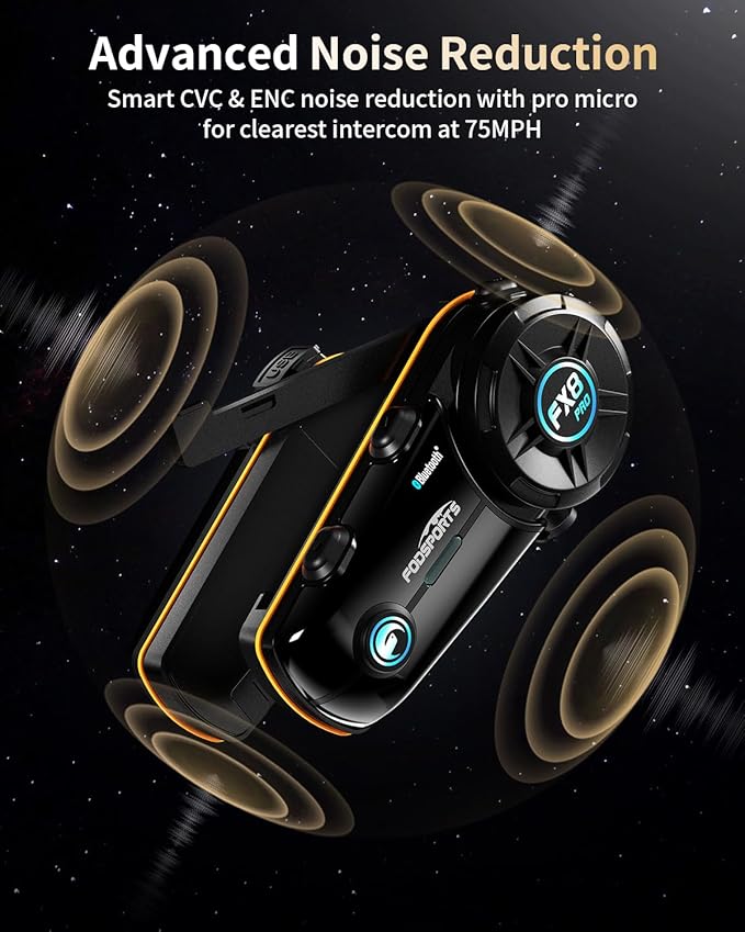 Fodsports FX8 PRO Motorcycle Bluetooth Intercom, 10-Rider Group Helmet Communication System, Music Sharing, Universal Wireless Interphone（APP/Waterproof/Stereo Music/GPS/2 Mics） (Single Pack)