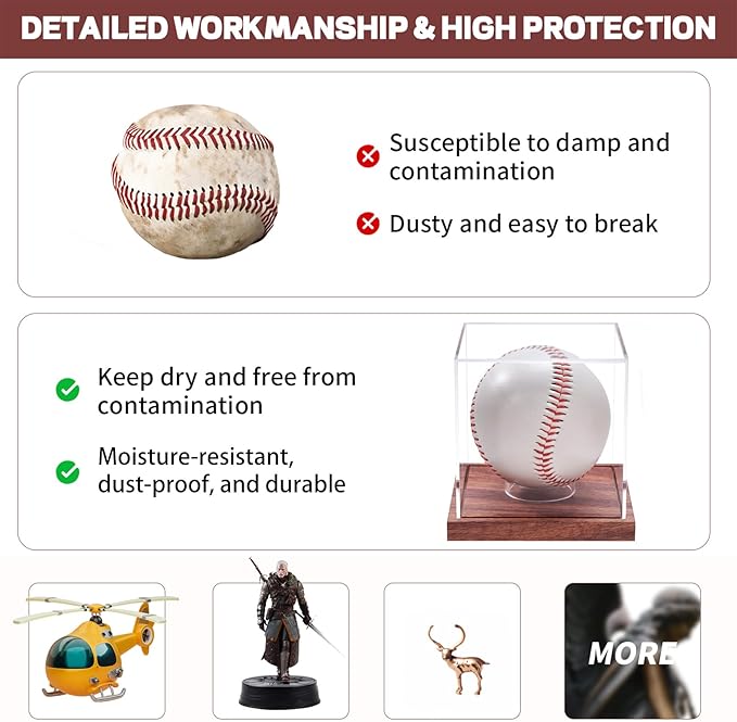 LITY 2 Pack Baseball Display Case, No Assembly Required Clear Cube Tennis Ball Holder with Solid Wooden Base, Autograph Baseball Stand Box for Single Ball