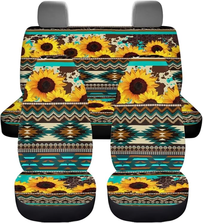Dreaweet Sunflower Aztec Seat Covers for Cars,Green Car Seat Covers Full Set with Steering Wheel Cover/Armrest Cover/Seatbelt Covers/Car Coasters/Gear Shift Cover/Handbrake Cover,12 Pcs Set
