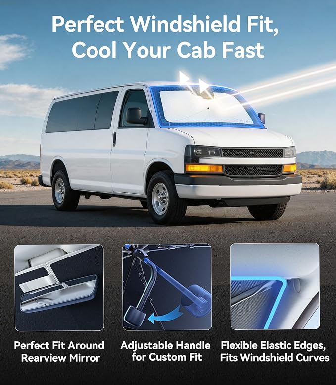 Nmoiss [Vinyl Coating Heat Shield] Windshield Sun Shade Umbrella Custom for Chevrolet Express, Protect Car from Sun Rays & Heat Damage Keep Cool and Protect Interior