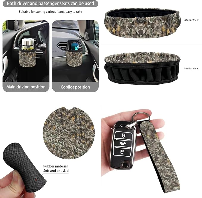 Dreaweet Car Seat Covers Full Set 15 Pcs Camo Deer Hunting Seat Covers with Steering Wheel Cover Seat Belt Pads Trash Bag Air Vent Pouch Rear View Mirror Cover Coasters Keychain