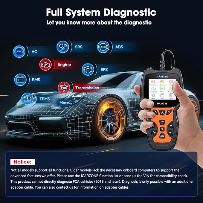All Systems OBD2 Scanner, MA200 V6 Car Code Reader for Most Car Models of 6 Manufacturing Groups, with 6 Services Full OBD2 Live Data Battery Test Diagnostic Scan Tools Lifetime Free Upgrade