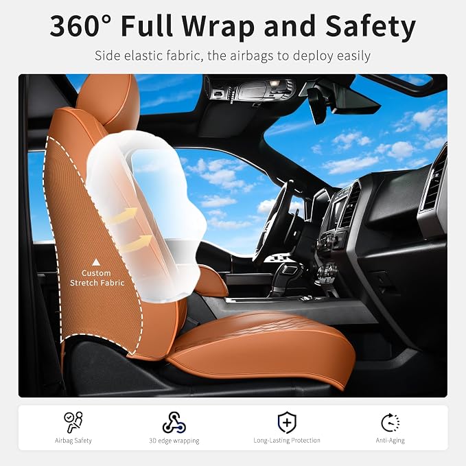 Huidasource F150 Truck Seat Covers Fit for 2015-2026 Ford F150 & 2017-2026 F250 F350 F450 Crew Cab XL XLT Lariat King Ranch Platinum, Full Coverage Leather Automotive Seat Cover(Full Set/Brown)