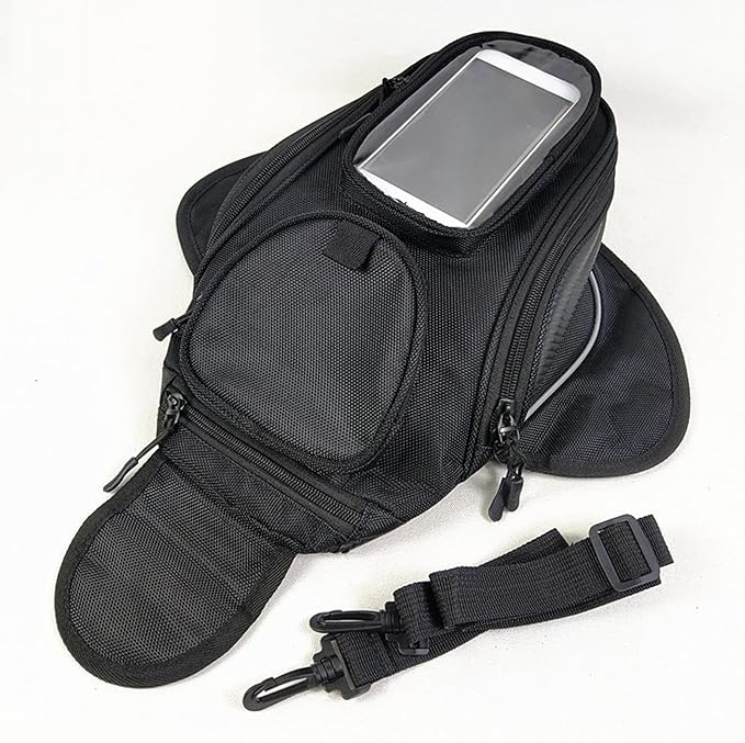 Motorcycle Tank Bag - Water Resistant Motorbike Bag | Magnetic & Strap Mount | 6.7 Inch Capacity | Black Oxford Cloth | 12.6x7.09x5.12 Inches | Powersports Tank Bag