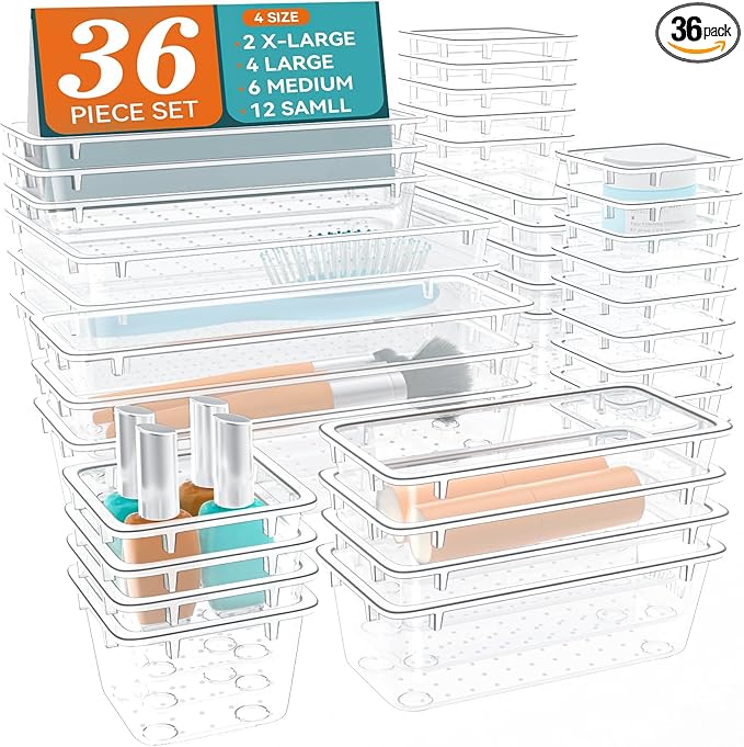 ElegantArray 36 PCS Drawer Organizer Set, 4 Sizes Tool Storage Trays, Clear Plastic Makeup Vanity Organizer and Storage Bins for Makeup, Stationeries, Multiple Gadgets for Bathroom, Office, Bedroom