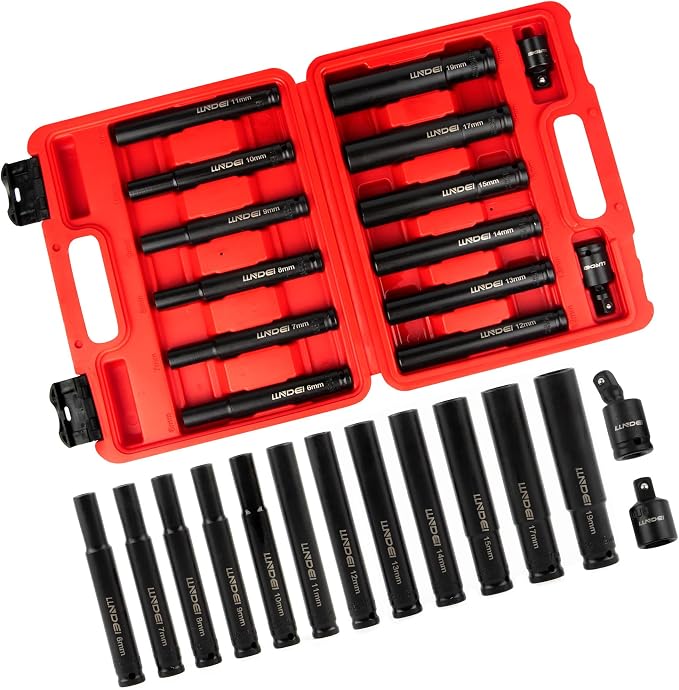 LLNDEI 14PCS 3/8″ Drive Impact Deep Well Socket Set Metric, Extra Long Reach 6-19mm, 6-Point Weighted Deep Impact Sockets for Auto Engine & Motorcycle Repair, Cr-V Steel with Black Oxide Coating