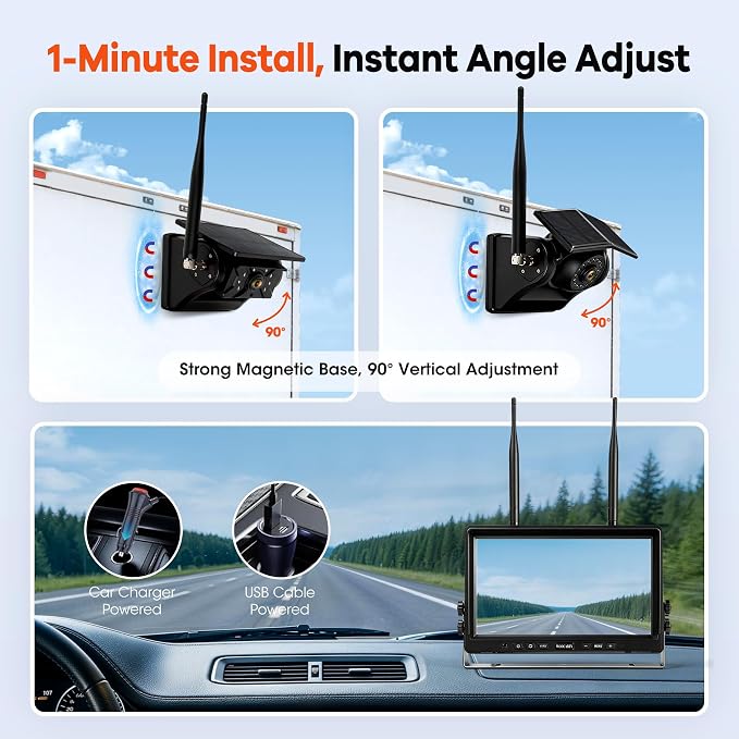 4 Solar Magnetic Wireless Trailer Camera System, 10.1" IPS DVR Screen + Solar Powered Night Vision Rear Camera, 100% No Wiring Waterproof Backup Camera System for RV Truck Trailer Hitch