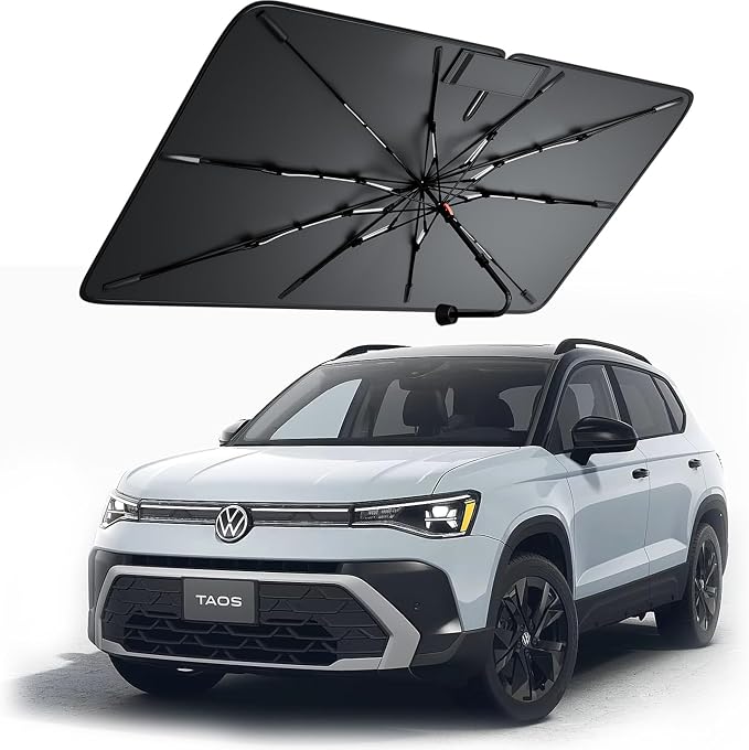 Windshield Sun Shade for Volkswagen Taos 2022–2026, Foldable Umbrella Sunshade with 100% UV Block, Multi-Layer Heat Insulation, Reinforced 10-Rib Frame, Keeps Car Cooler, Summer Car Accessory