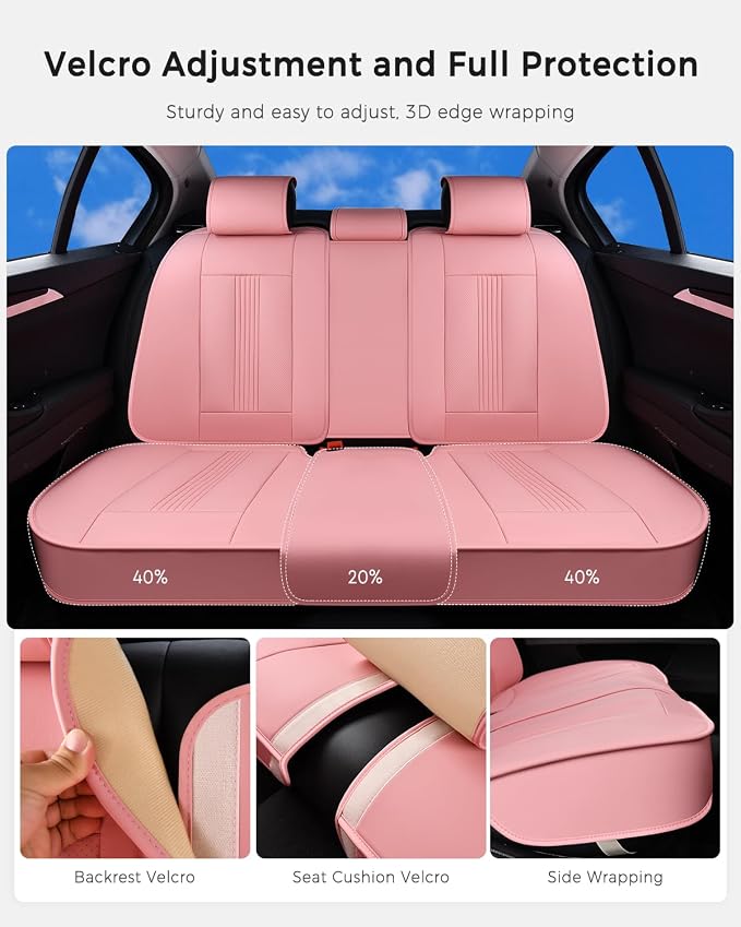 Huidasource Pink Rear Seat Covers, Nappa Leather Back Seat Covers with Ventilation Holes, Velcro Adjustable, Compatible with Seat belts, Child Safety Seats, Universal Fit for Most Cars SUV Truck, Pink