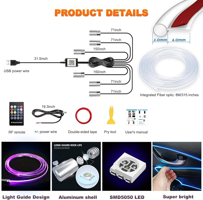 Jushope Car LED Strip Lights, USB Interior Ambient Lighting Kits with Wireless APP and RF Remote Control, 16 Million Colors Music Mode Car Decoration Lights with 315 inches 3.0mm Fiber Optic (6 in 1)