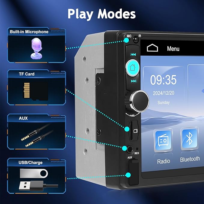 NHOPEEW 7 inch Double Din Car Stereo with Backup Camera, 2 Din Touch Screen Radio with Carplay & Android Auto, Bluetooth 5.0, Share Same Video, Calendar Viewing, Mirror Link, SWC + Rear View Camera