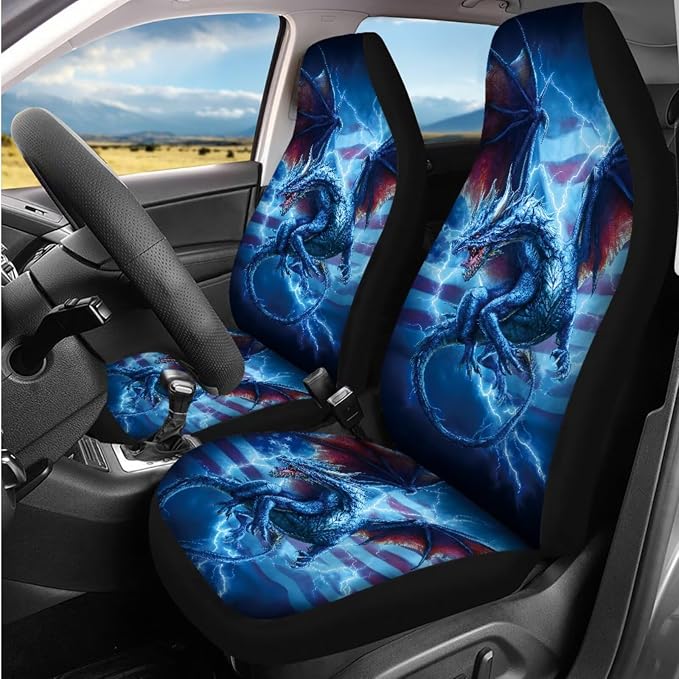 Bulopur Western Dragon Lightning Car Seat Covers Full Set with Matching Steering Wheel Cover American Flag Car Interior Decor Set for Truck Van Sedan Car Armrest Cover Seat Belt Covers Coasters