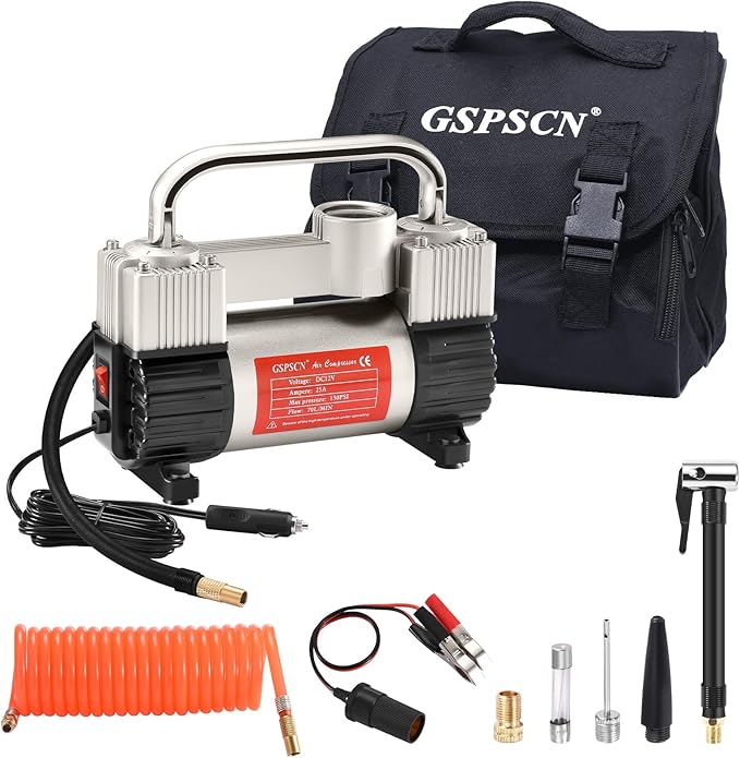 GSPSCN 6X Faster Inflation Tire Inflator Heavy Duty Double Cylinders with Portable Bag- Car Accessories，Metal 12V Air Compressor Pump 150PSI with Adapter for Car, Truck, SUV Tires, Dinghy, Air Bed