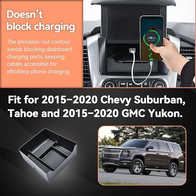 Full coverage Center Console Organizer and Center Console Electric Navigation Screen Rear Tray Compatible with 2015-2020 Chevy Suburban/Tahoe and 2015-2020 GMC Yukon Accessories