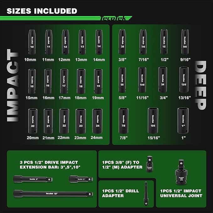 TecoTek 1/2" Drive Deep 12-Point Impact Socket Set, 32-Piece Socket Set, SAE 3/8-1-Inch and Metric 10-24mm Size, Includes Extension Bars, Universal Joint and Adapter, CR-V Steel