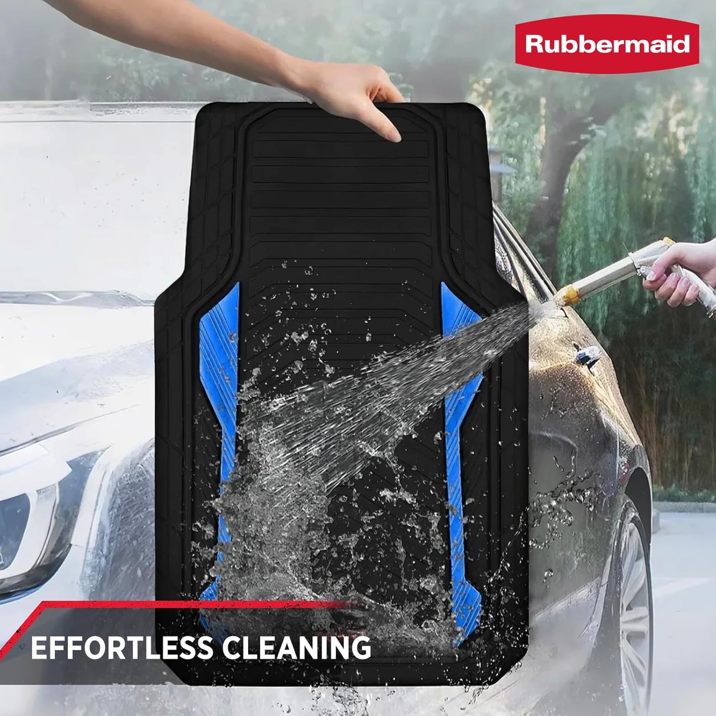 Rubbermaid Car Floor Mat, Heavy Duty All-Weather Car Mats Full Set with Dual-Tone Blue Aluminum Inserts – Universal Fit, Anti-Slip Backing, Trim-to-Fit for Most SUV, Sedan, Van