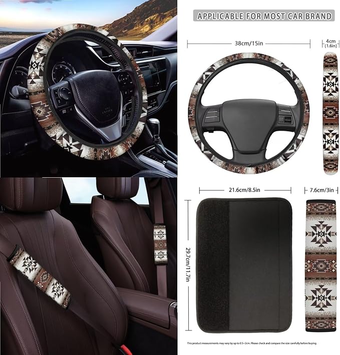 Wanyint Aztec Southwest Brown 15 PCS Car Seat Covers Set for Men Women, with Steering Wheel Cover Seat Belt Pads Trash Bin Sunglass Pocket Rear View Mirror Protector Coasters Key Chain
