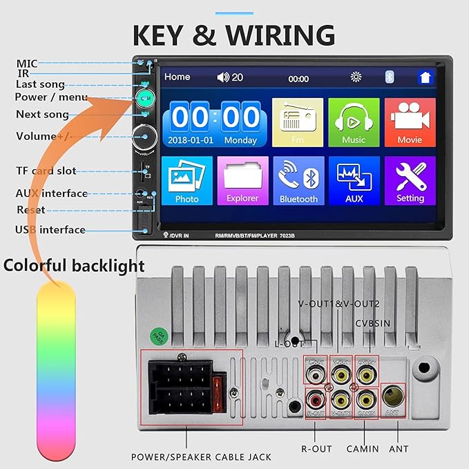 Podofo Car Stereo Double Din Car Radio 7 Inch MP5 Player with HD Touch Screen Digital Display Bluetooth Multimedia Support PhoneLink USB SD Aux-in 2 Din Autoradio with Backup Camera