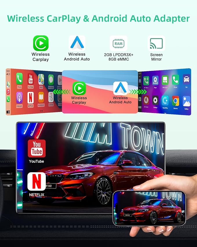2025 New 4-in-1 Wireless CarPlay Adapter Support Netflix/YouTube/TF, Android Auto & Carplay Adapter with USB-A and USB-C Cables,Convert Wired to Wireless Apple Dongle, Video Box Car Play for iOS 10+