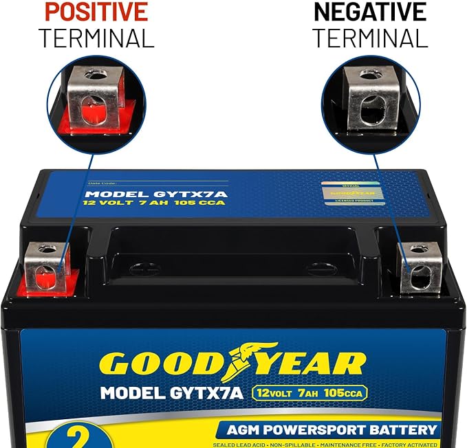 Goodyear GYTX7A -12 Volt 7 AH, 105 CCA, Rechargeable High-Performance, Maintenance Free, SLA - AGM Battery for Motorcycle, ATV, UTV, 4-Wheeler, Snowmobile, Watercraft and More!