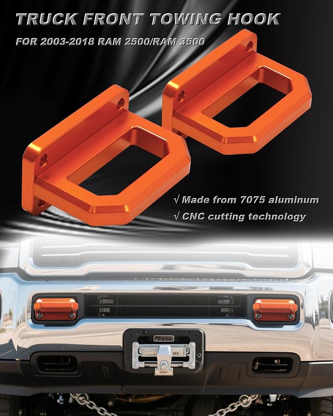 Front Tow Hooks, D-Ring Shackle Compatible with 2003-2018 Ram 2500 3500 2WD & 4WD - Replace OEM 68171791AA, 52020587AB (Orange)