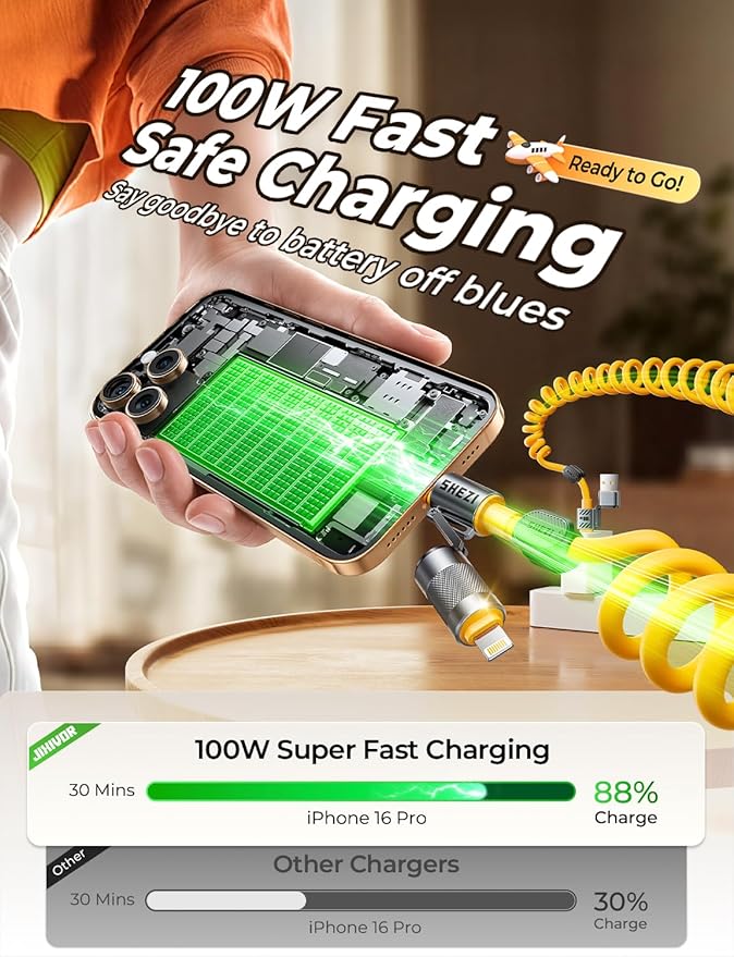 3 Packs Car Cable Bundle, Coiled USB C Cable 5FT 100W(Yellow) with Clip, Braided USB C to USB C Cord 10FT 60W(Gray) and Silicone 4 in 1 Fast Charger 5FT 180W(Yellow)