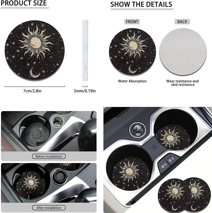 POLERO Sun Moon Star Seat Covers for Cars Vintage Interior Accessories Set 11Pcs Auto Steering Wheel Cover Seat Belt Pads Drink Coasters Cute Keychains