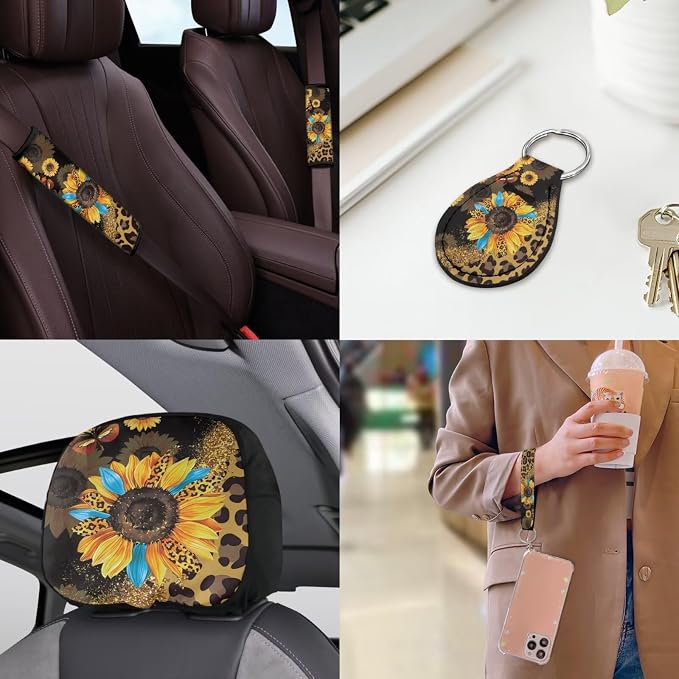 Leopard Sunflower Print Car Seat Covers Full Sets of 18 Pack Sunflower Print Car Interior Accessories Sets with Belt Pads Cover Car Headrest Covers Auto Trash Bag Steering Wheel Cover