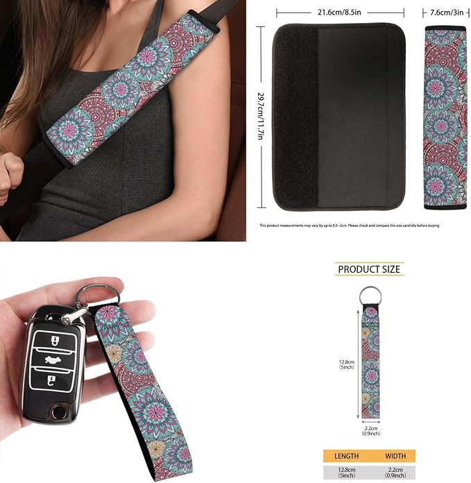 Boho Mandala Floral Car Accessories Car Seats Cover Protector, Steering Wheel Covers, Seatbelt Cover, Car Trash Can, Cup Coasters, Rearview Mirror Cover, Keychains, Pack of 15