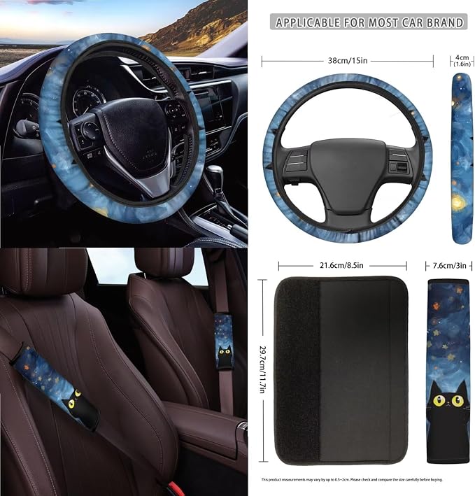 15Pcs Car Seat Cover Full Set Car Steering Wheel Cover Seat Belt Cover Trash Bin Air Vent Storage Box Front Rear View Mirror Car Cup Holder Keychain, Cute Cat Starry Night