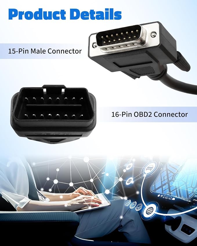 OBD2 OBDII Cable Fits for Cen-Tech Code Reader Scanner Models 60693 60694 60794 62119 62120, 15 Pin Car Male Connector to 16 Pin OBD2 Connector Cord, 4FT Cord