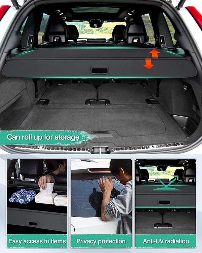 Powerty Cargo Cover for 2016-2024 2025 Volvo XC90 Accessories Trunk Cover Retractable Trunk Shielding Shade Cargo Luggage Cover Black