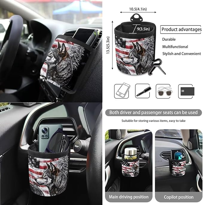 Wanyint Wolf American Flag 15 PCS Car Seat Covers Set for Men Women, Auto Seat Protector with Steering Wheel Cover Seat Belt Pads Trash Bin Air Vent Pocket Rear View Mirror Cover Coasters Key Chain