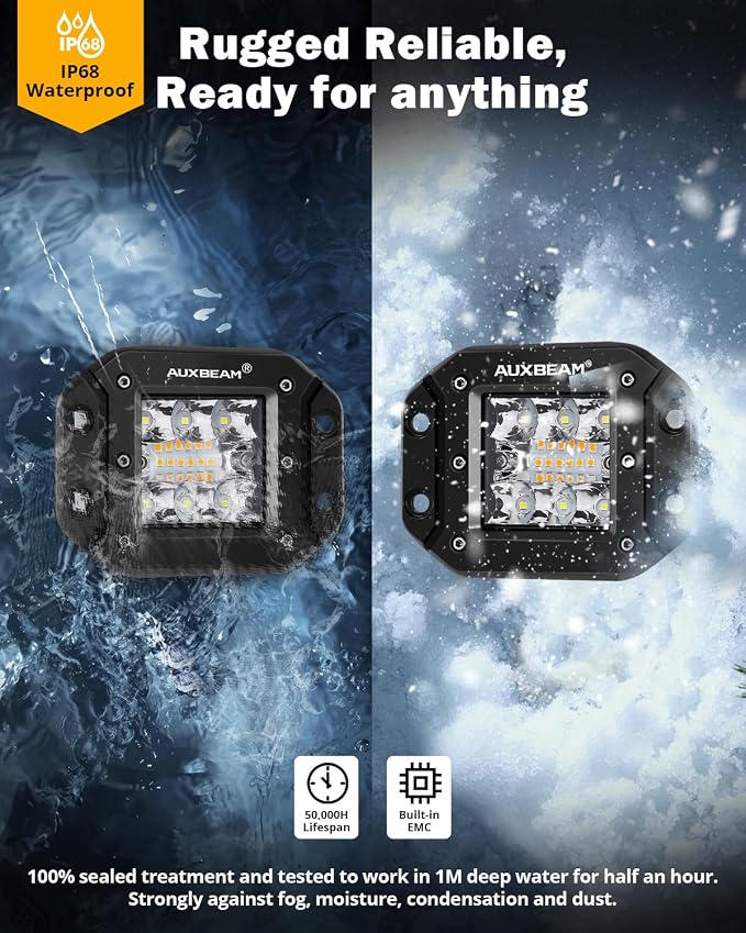 Auxbeam 6 Modes Amber White Series 5-Inch 72W Strobe LED Light Pods | Flush mount fog lights, Spot flood combo, Memory reset function, Grille bumper reverse backup, Dual color offroad lights