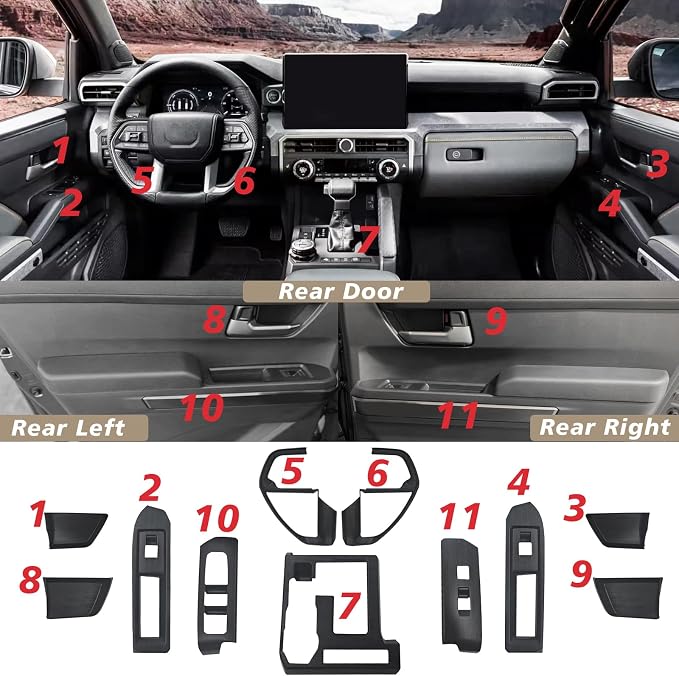 Muslogy Interior Trim Kit Cover 11PCS Compatible with 2024-2026 Toyota Tacoma&2025 2026 4Runner Steering Wheel Center Console Window Switch Inner Door Cover(Won't Fit 2Door Tacoma) (Black Wood Grain)