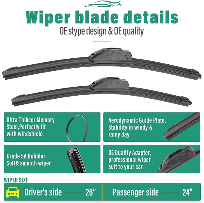 26" 24" 16" Windshield Wiper Blades Replacement for Honda Passport 2019 2020 2021 2022 2023 Premium All Weather Front Rear Wipers Set - OEM Quality (Pack of 3)
