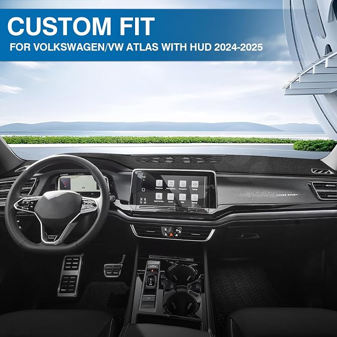 KUST Black Dash Cover for Volkswagen/VW Atlas 2024 2025 2026 with HUD Polyester Dashboard Cover Non-Slip Interior Accessories for VW Atlas Custom Fit Dash Mat Sunshade Windshield No Glare